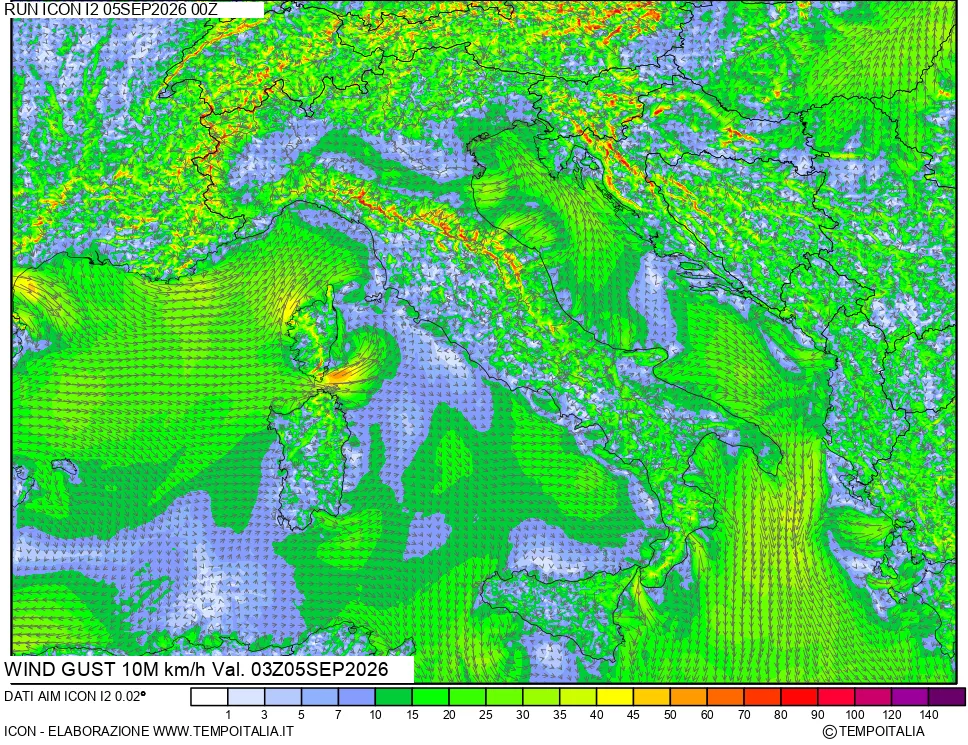 mappa 10 m Vento raffica massima
