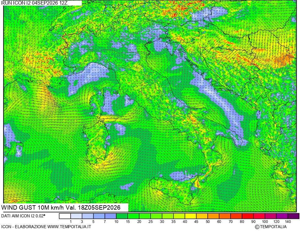 mappa 10 m Vento raffica massima