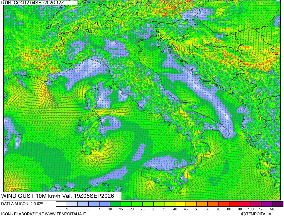 mappa 10 m Vento raffica massima