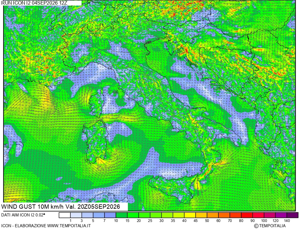 mappa 10 m Vento raffica massima