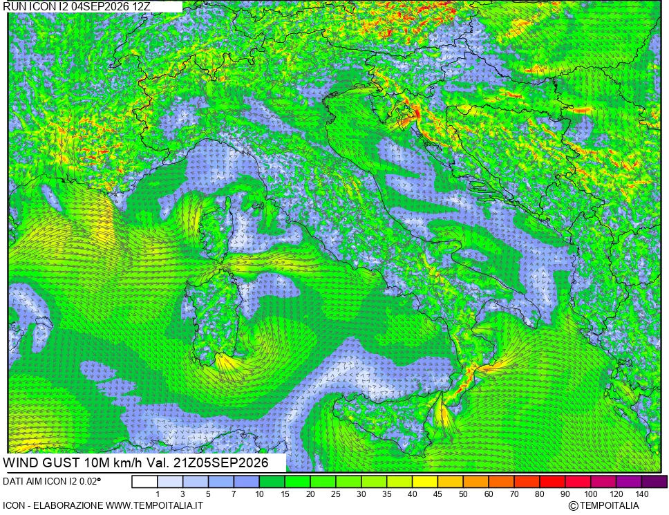 mappa 10 m Vento raffica massima