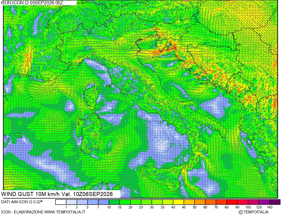 mappa 10 m Vento raffica massima