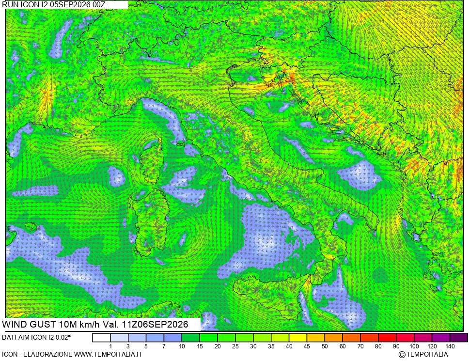mappa 10 m Vento raffica massima