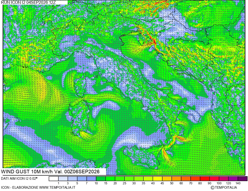 mappa 10 m Vento raffica massima