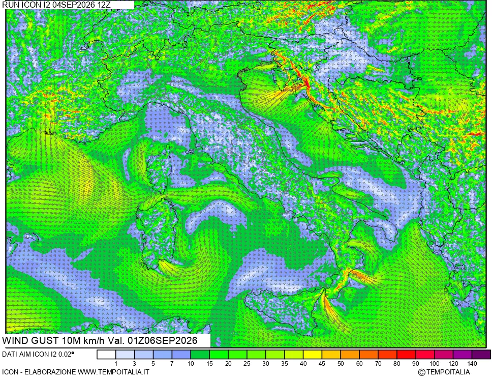 mappa 10 m Vento raffica massima