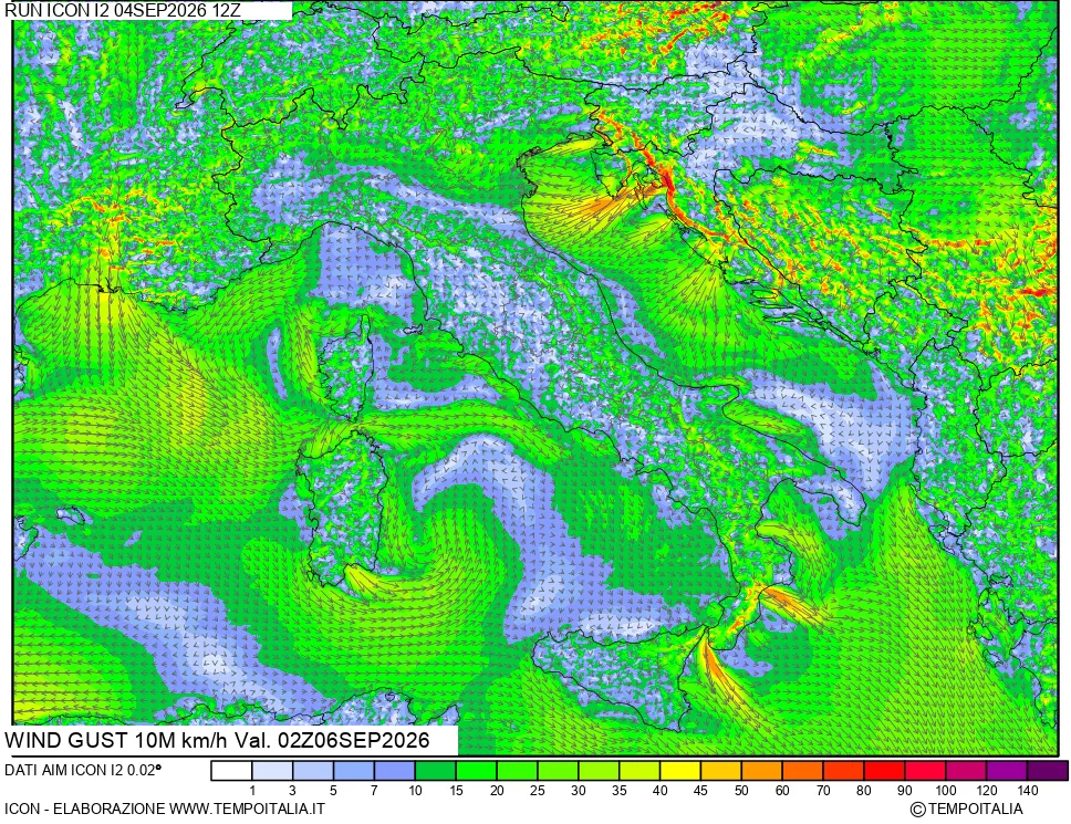 mappa 10 m Vento raffica massima