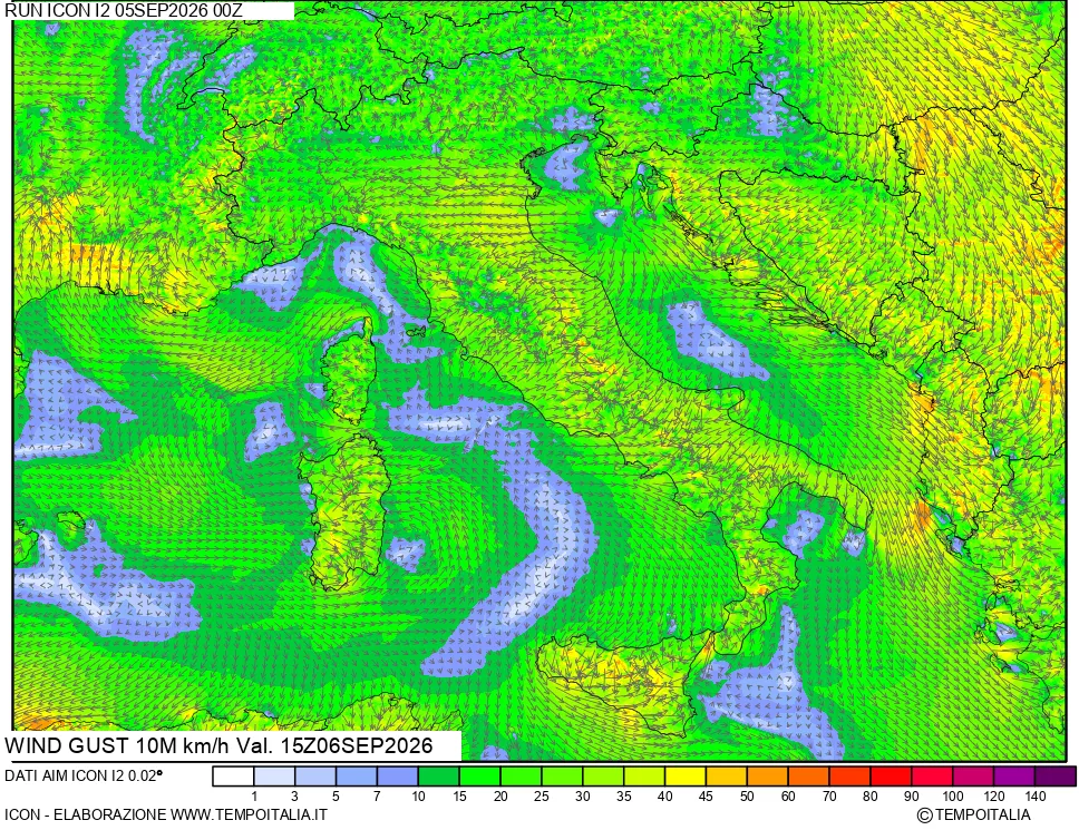 mappa 10 m Vento raffica massima