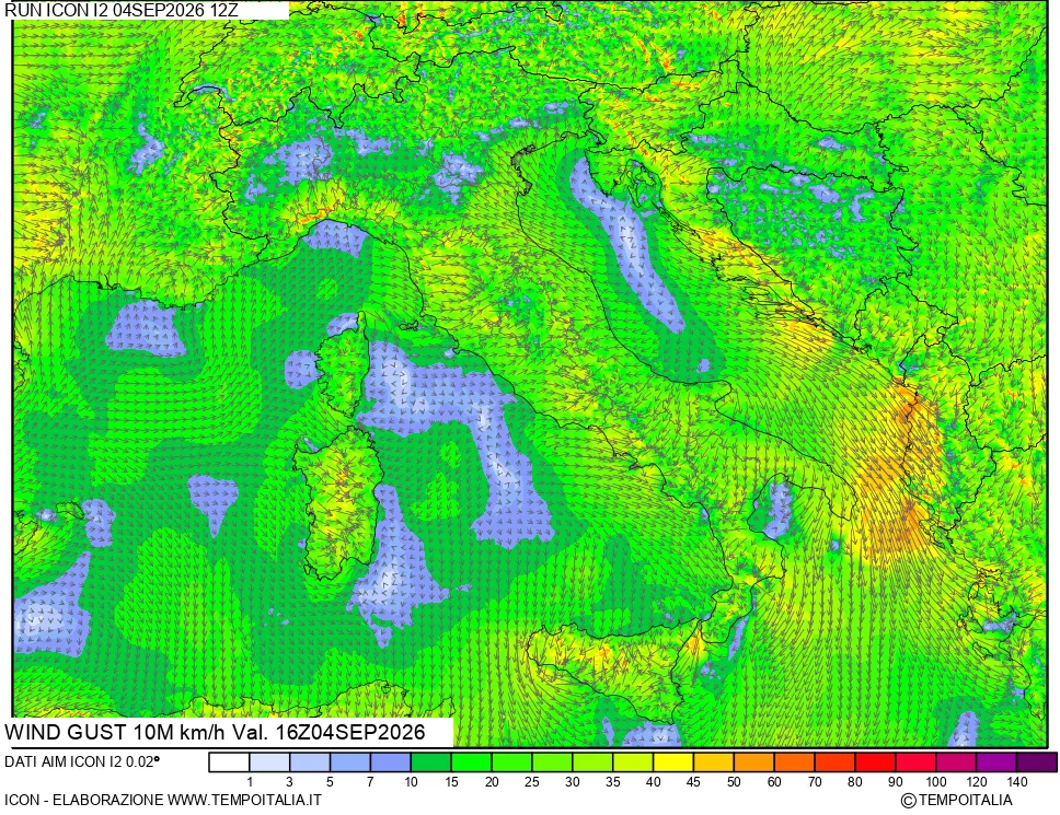 mappa 10 m Vento raffica massima