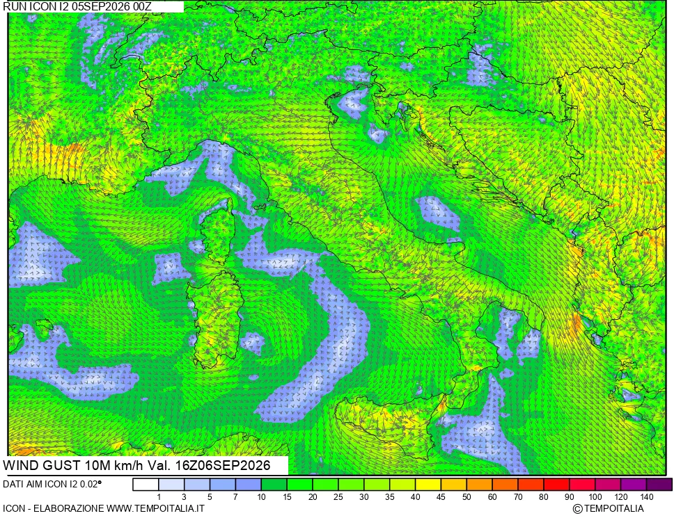 mappa 10 m Vento raffica massima