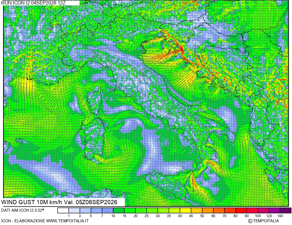 mappa 10 m Vento raffica massima