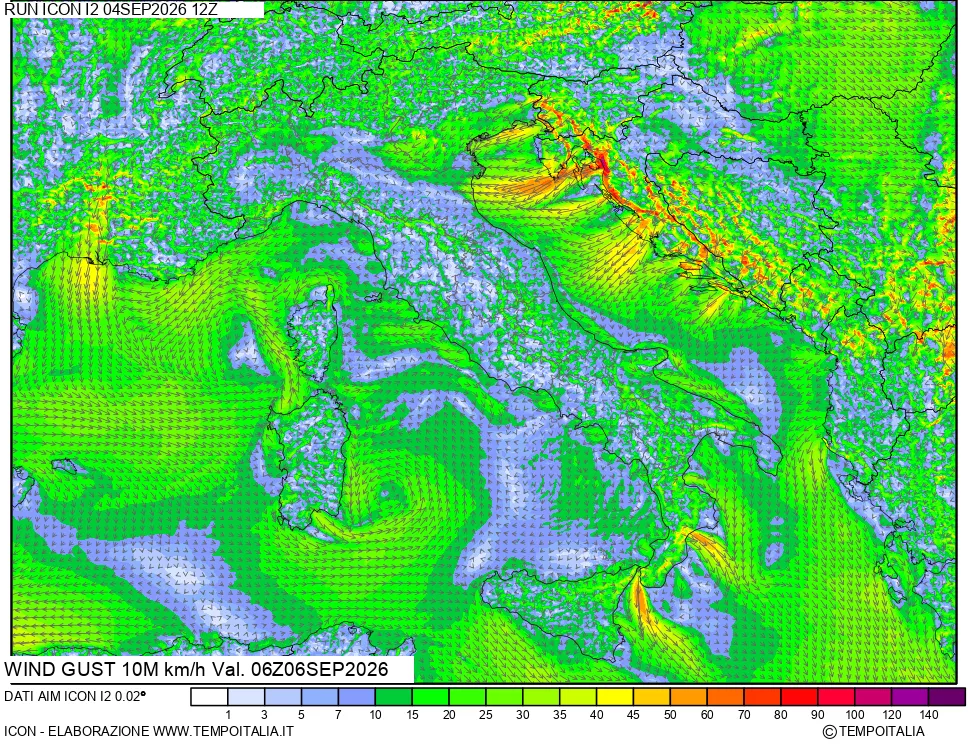 mappa 10 m Vento raffica massima