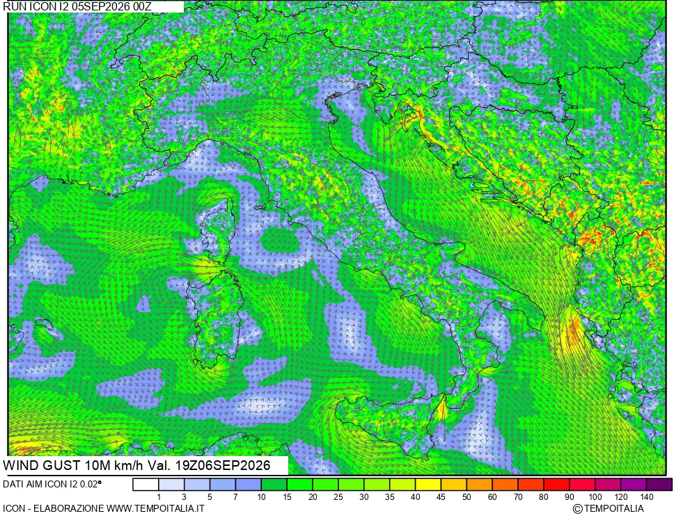 mappa 10 m Vento raffica massima