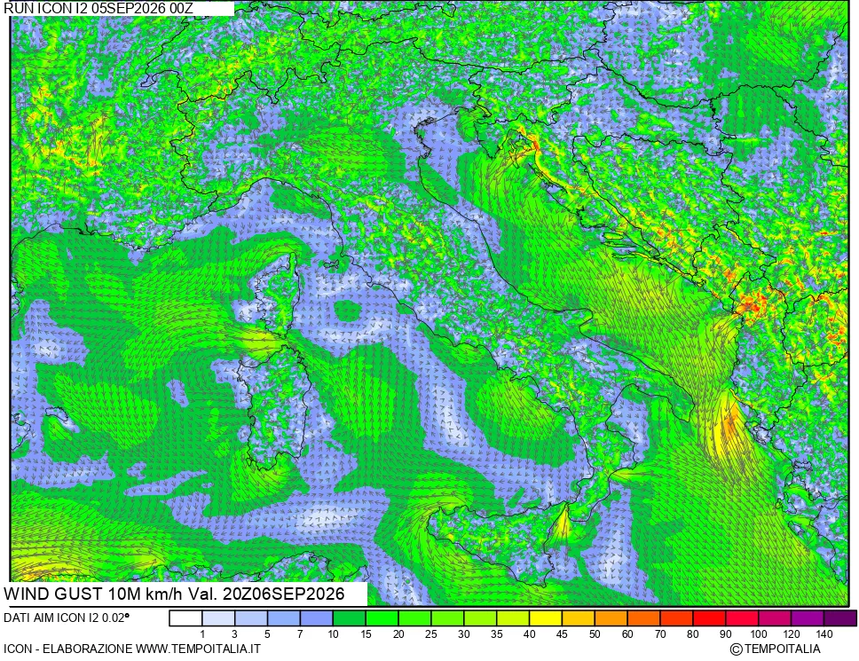 mappa 10 m Vento raffica massima