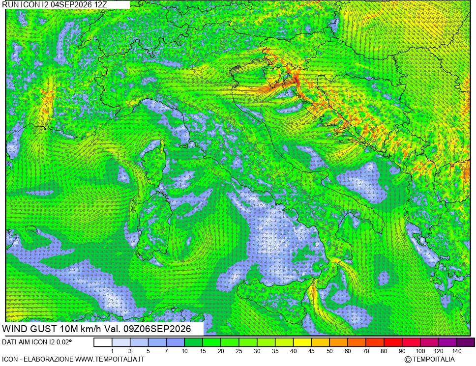 mappa 10 m Vento raffica massima