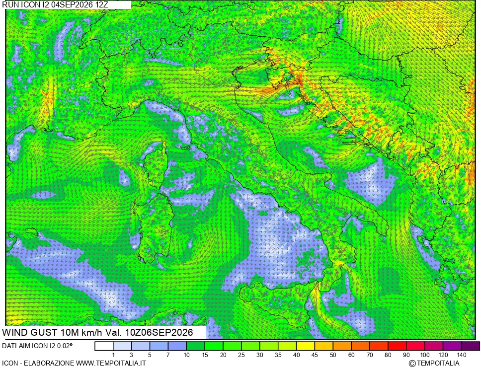 mappa 10 m Vento raffica massima