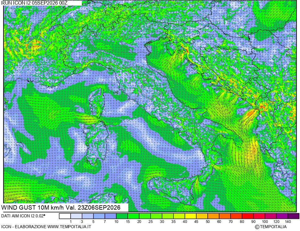 mappa 10 m Vento raffica massima