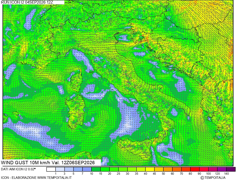 mappa 10 m Vento raffica massima