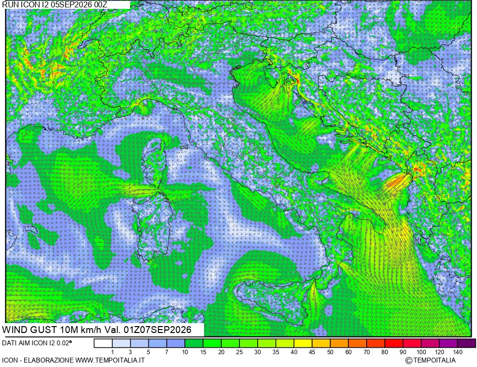 mappa 10 m Vento raffica massima