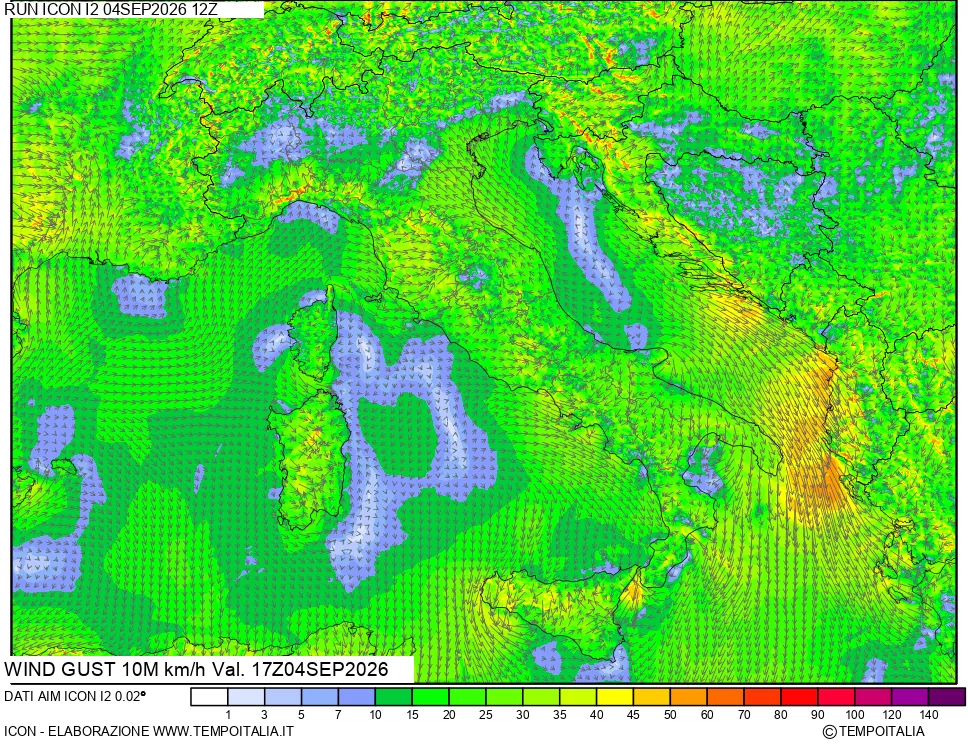 mappa 10 m Vento raffica massima