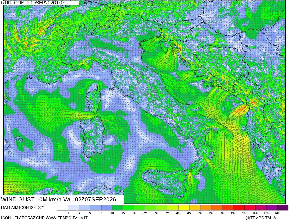 mappa 10 m Vento raffica massima