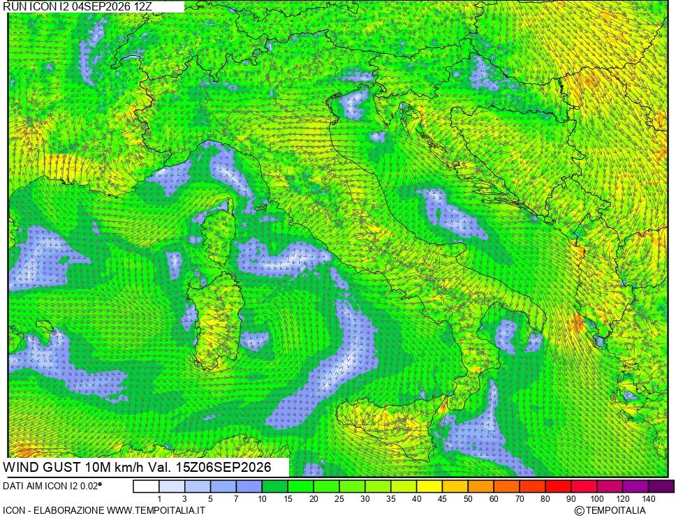 mappa 10 m Vento raffica massima