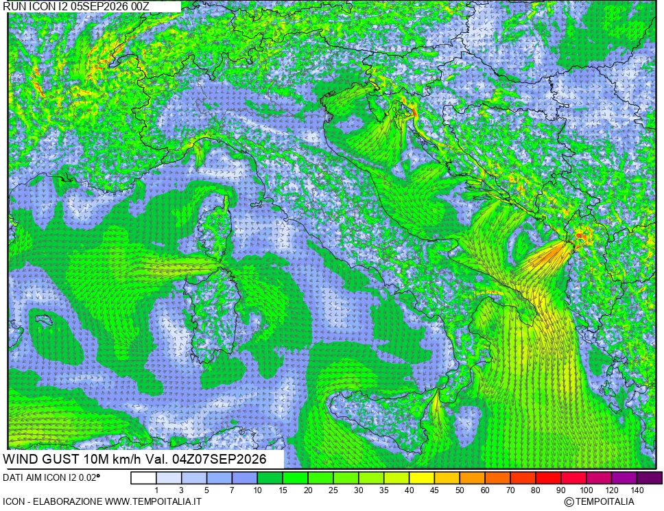 mappa 10 m Vento raffica massima