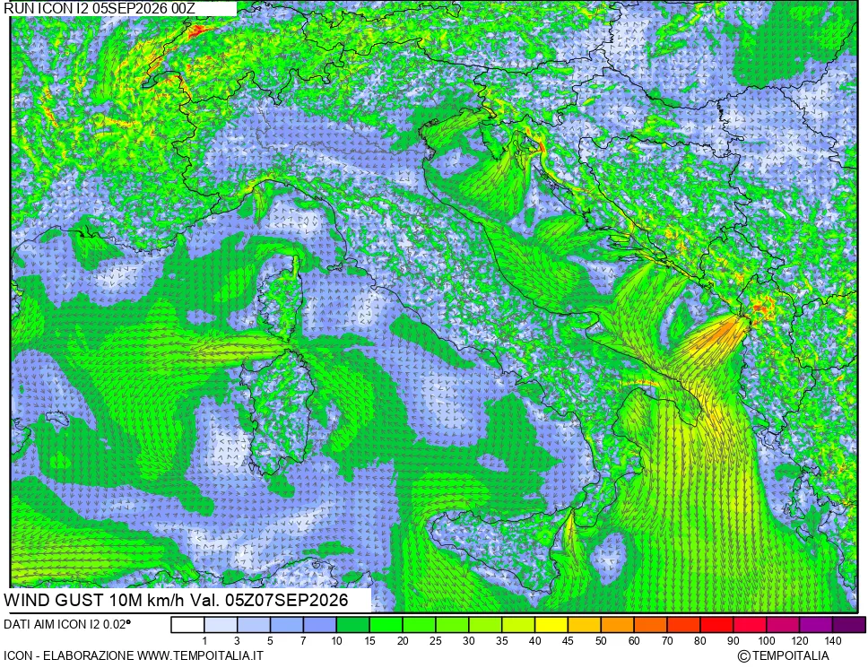 mappa 10 m Vento raffica massima