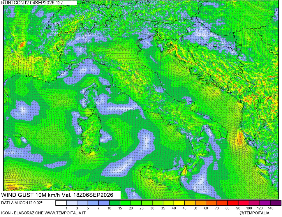 mappa 10 m Vento raffica massima