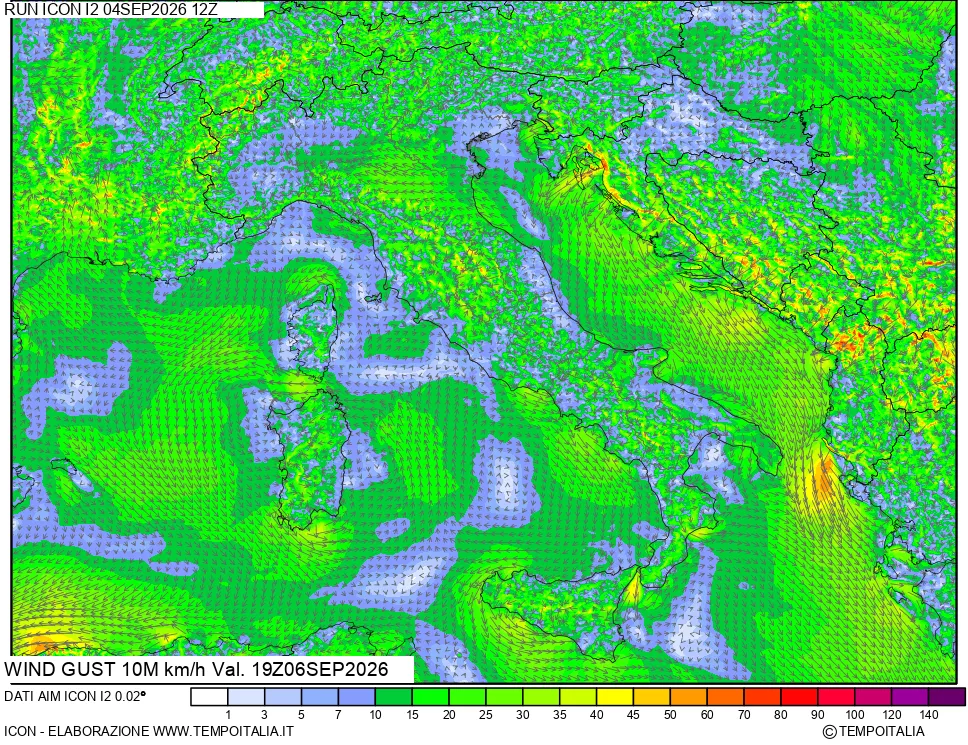 mappa 10 m Vento raffica massima