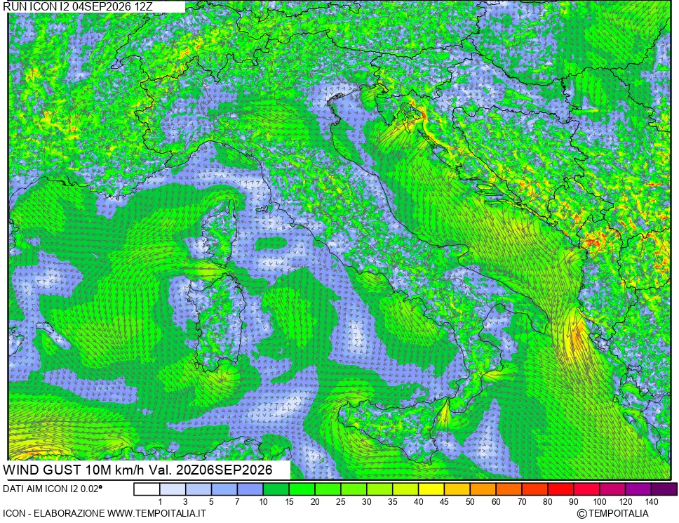 mappa 10 m Vento raffica massima