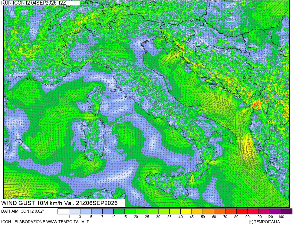 mappa 10 m Vento raffica massima