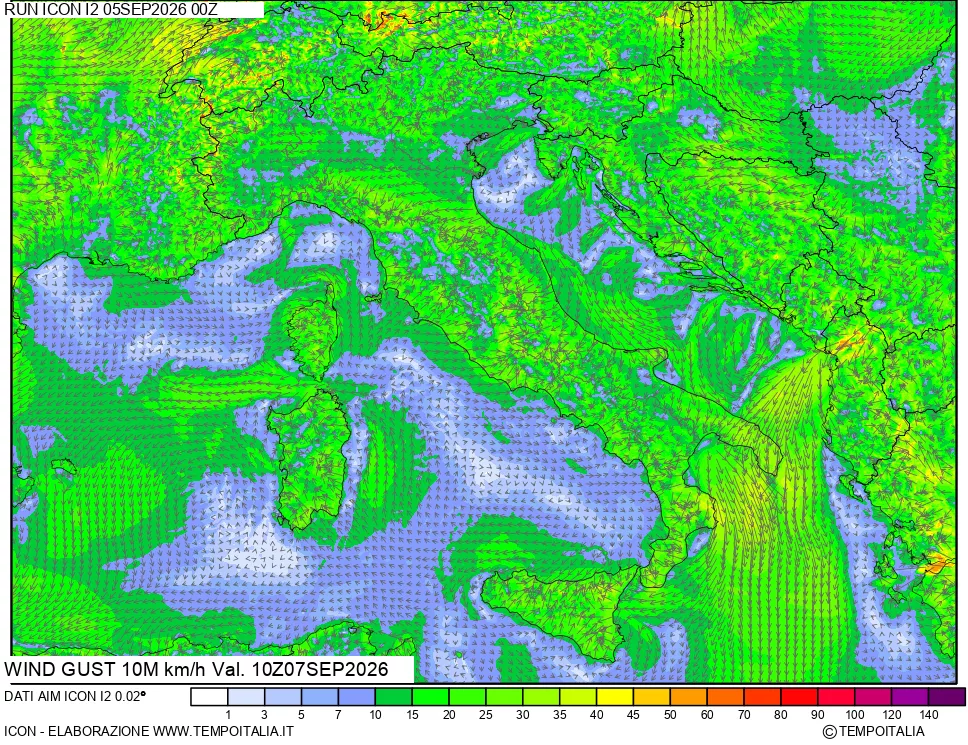 mappa 10 m Vento raffica massima