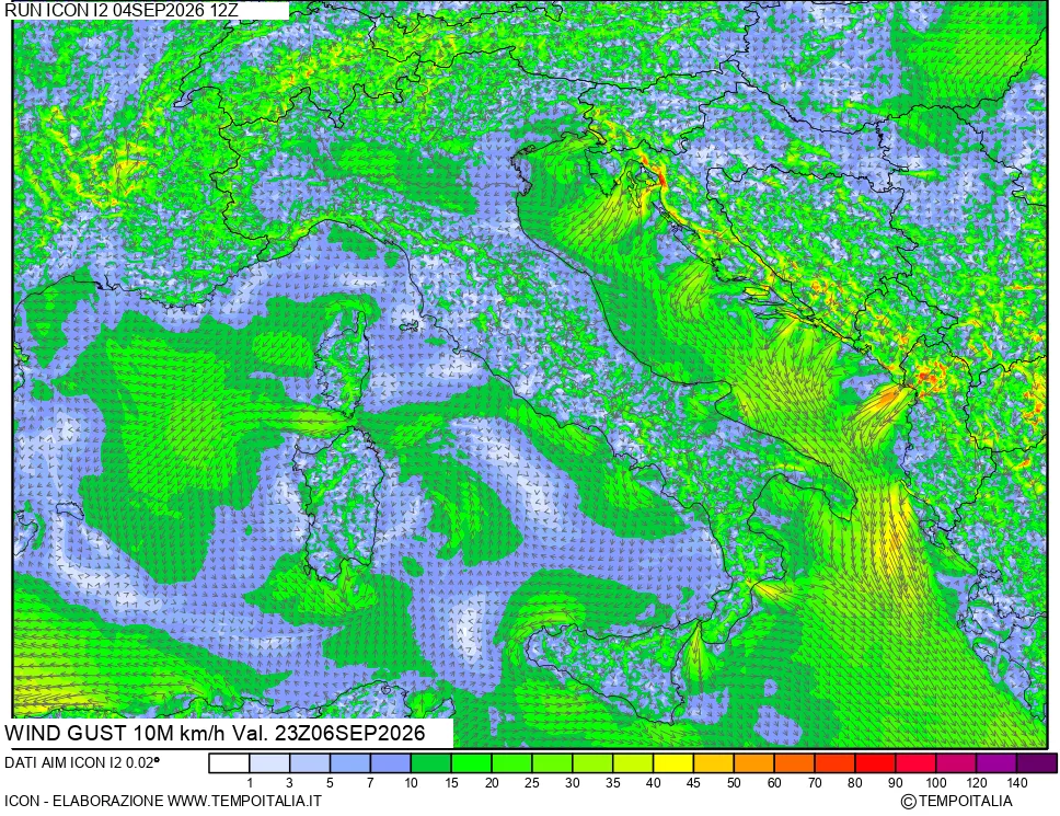 mappa 10 m Vento raffica massima