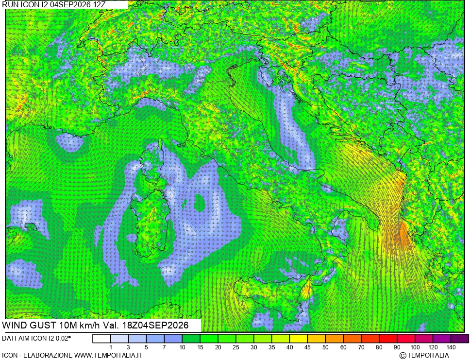 mappa 10 m Vento raffica massima