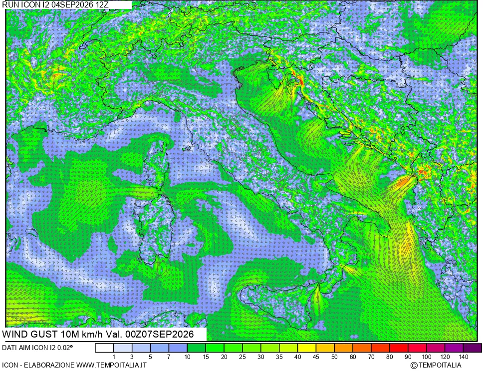 mappa 10 m Vento raffica massima