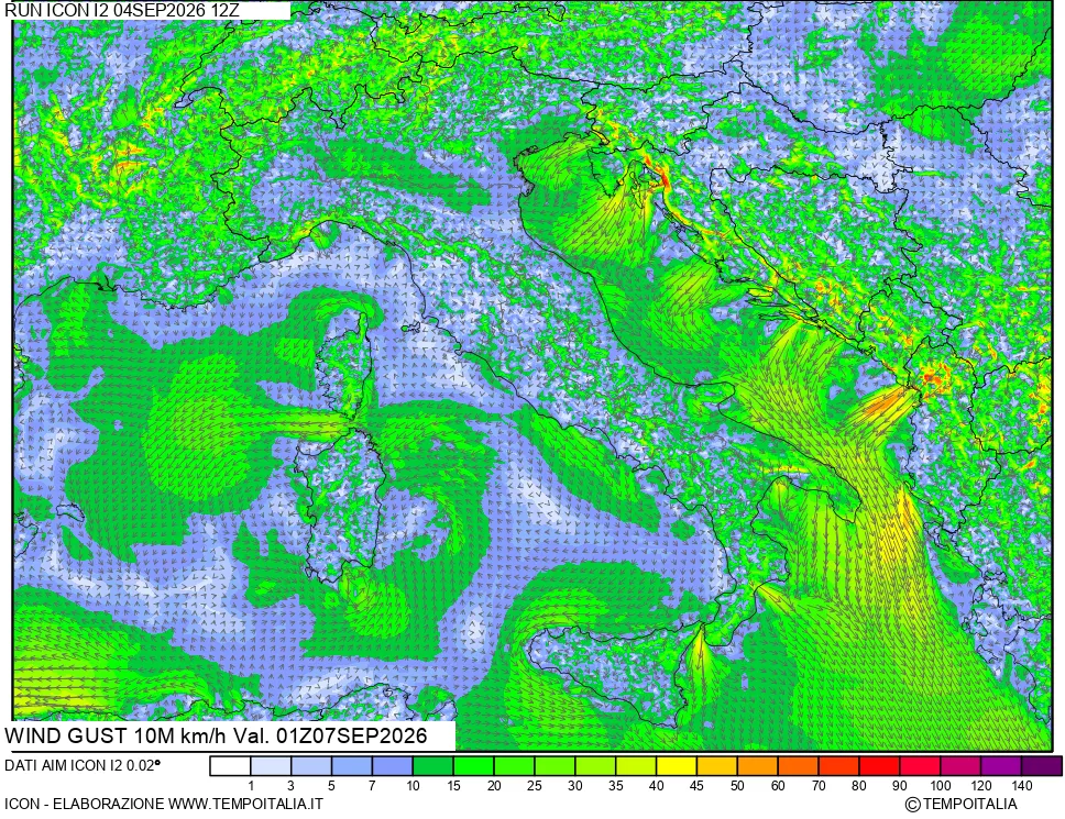 mappa 10 m Vento raffica massima