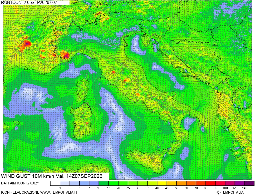 mappa 10 m Vento raffica massima