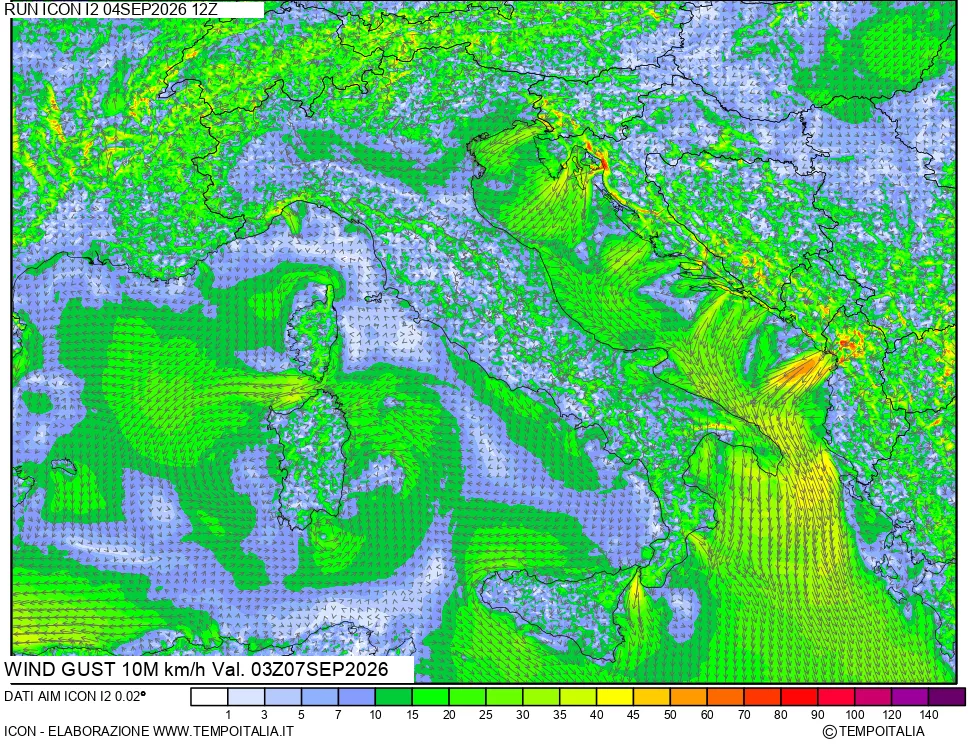 mappa 10 m Vento raffica massima