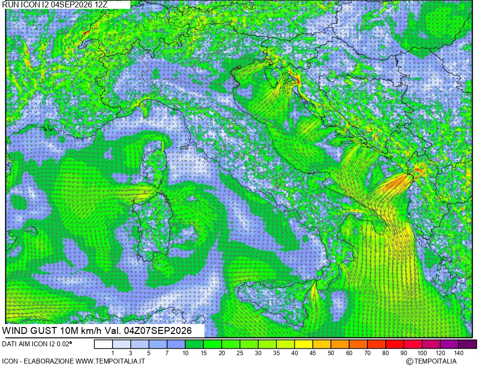 mappa 10 m Vento raffica massima