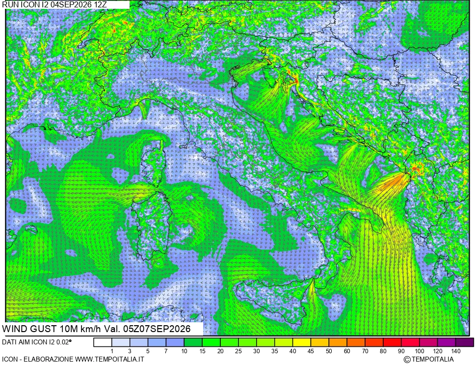 mappa 10 m Vento raffica massima