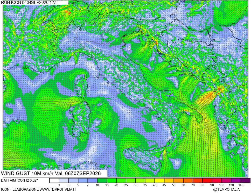 mappa 10 m Vento raffica massima