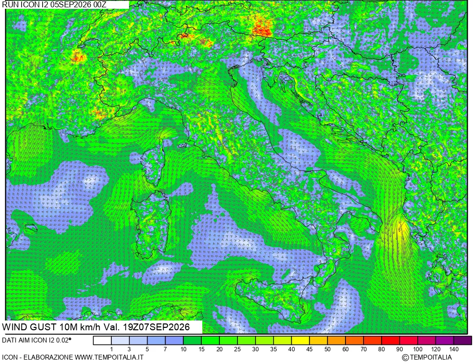 mappa 10 m Vento raffica massima