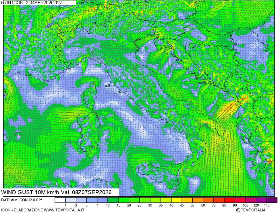 mappa 10 m Vento raffica massima