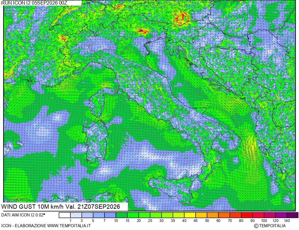mappa 10 m Vento raffica massima