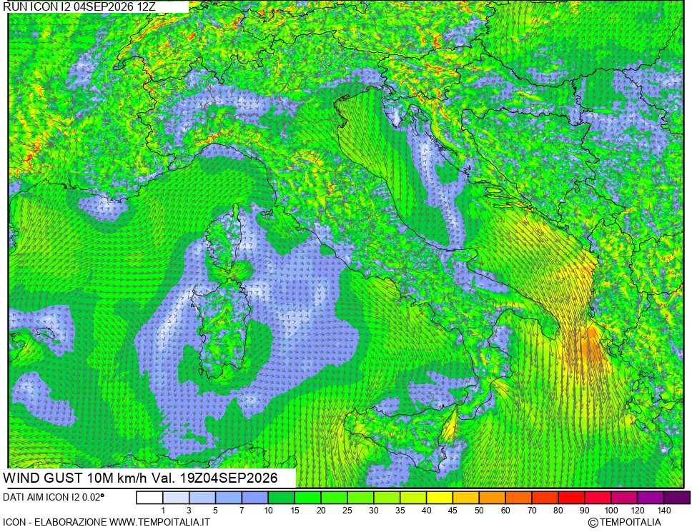 mappa 10 m Vento raffica massima