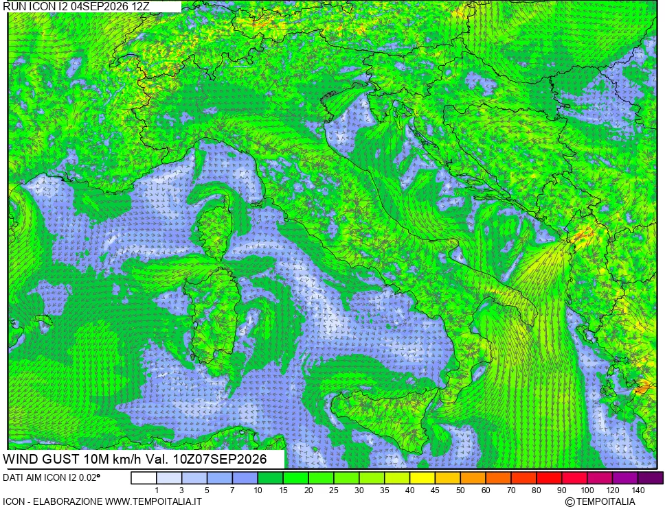 mappa 10 m Vento raffica massima