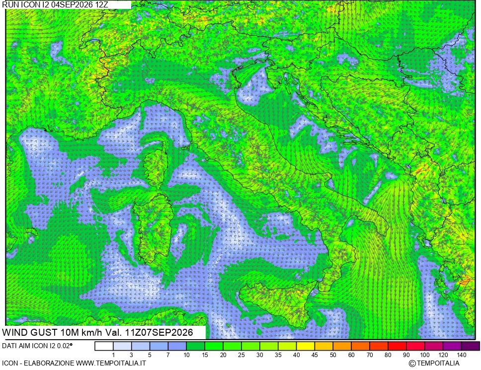 mappa 10 m Vento raffica massima
