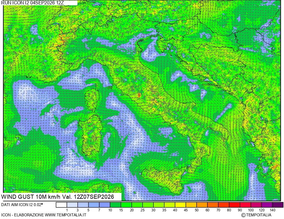 mappa 10 m Vento raffica massima