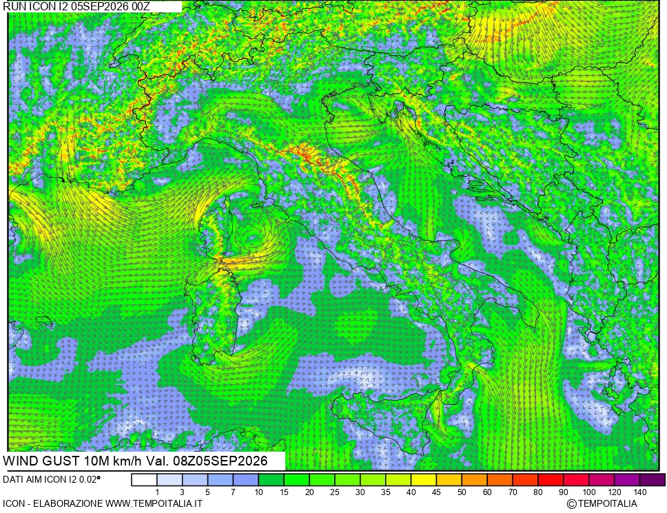 mappa 10 m Vento raffica massima