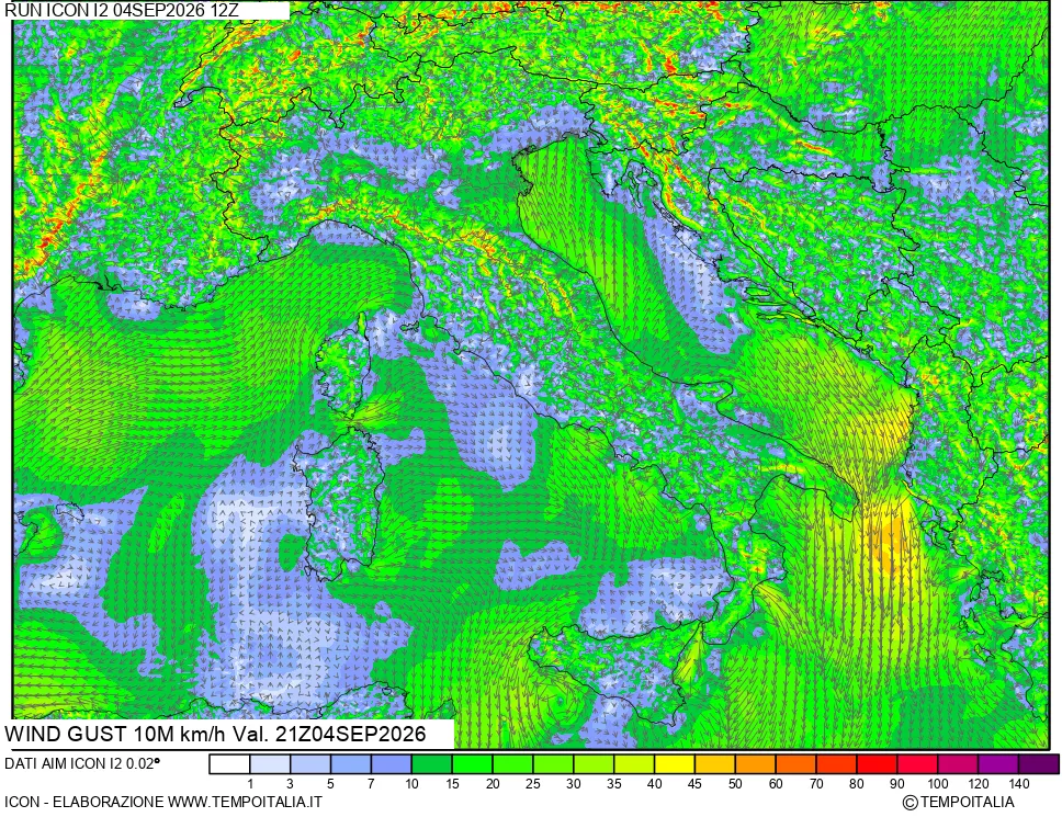 mappa 10 m Vento raffica massima